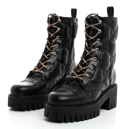 Gucci Cordovan Lux Nappa GG Matelasse Lace Up 60mm Combat Boots 37 Black 3 of 9