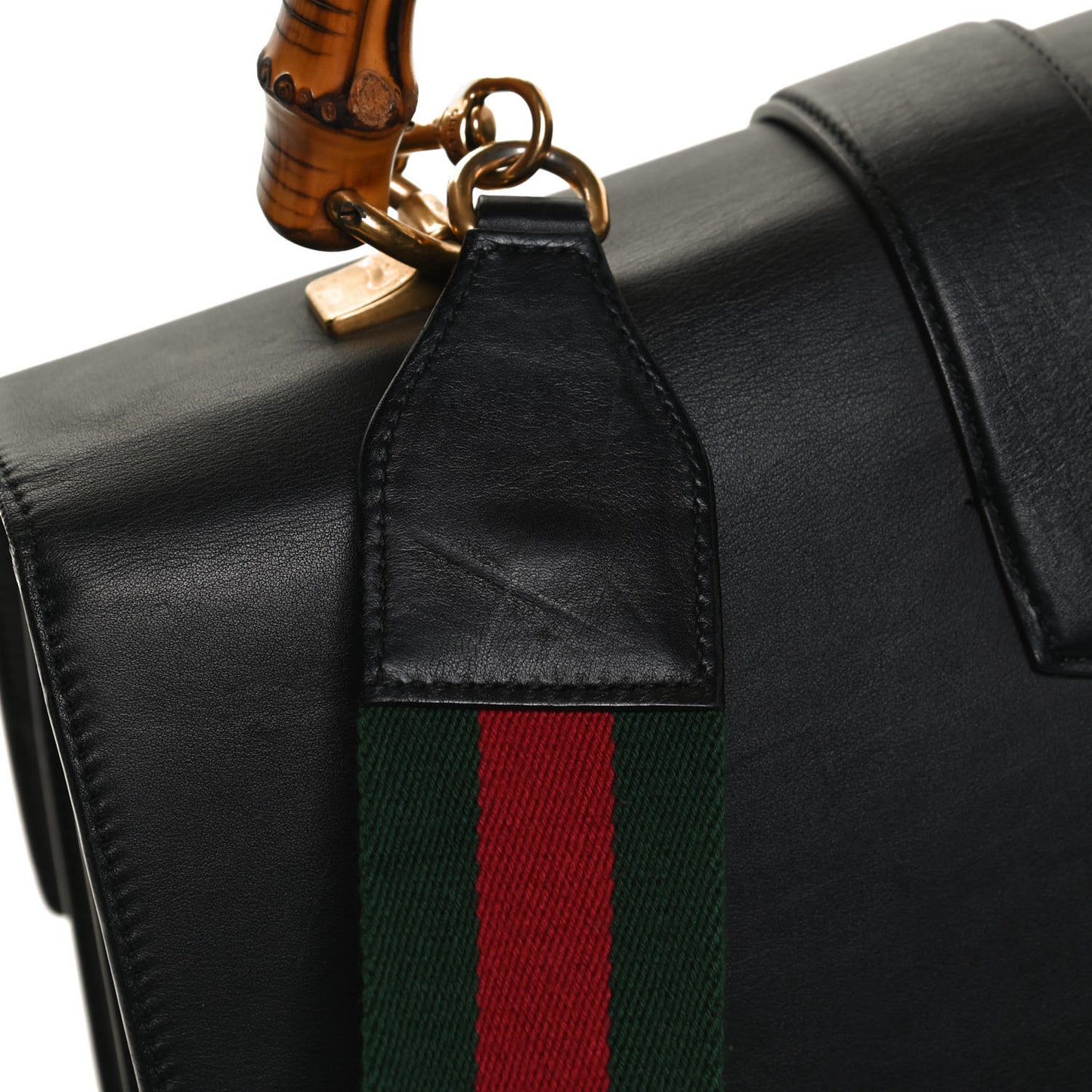 Calfskin Bamboo Web Large Dionysus Top Handle Bag Black Bright Evergreen Hibiscus Red