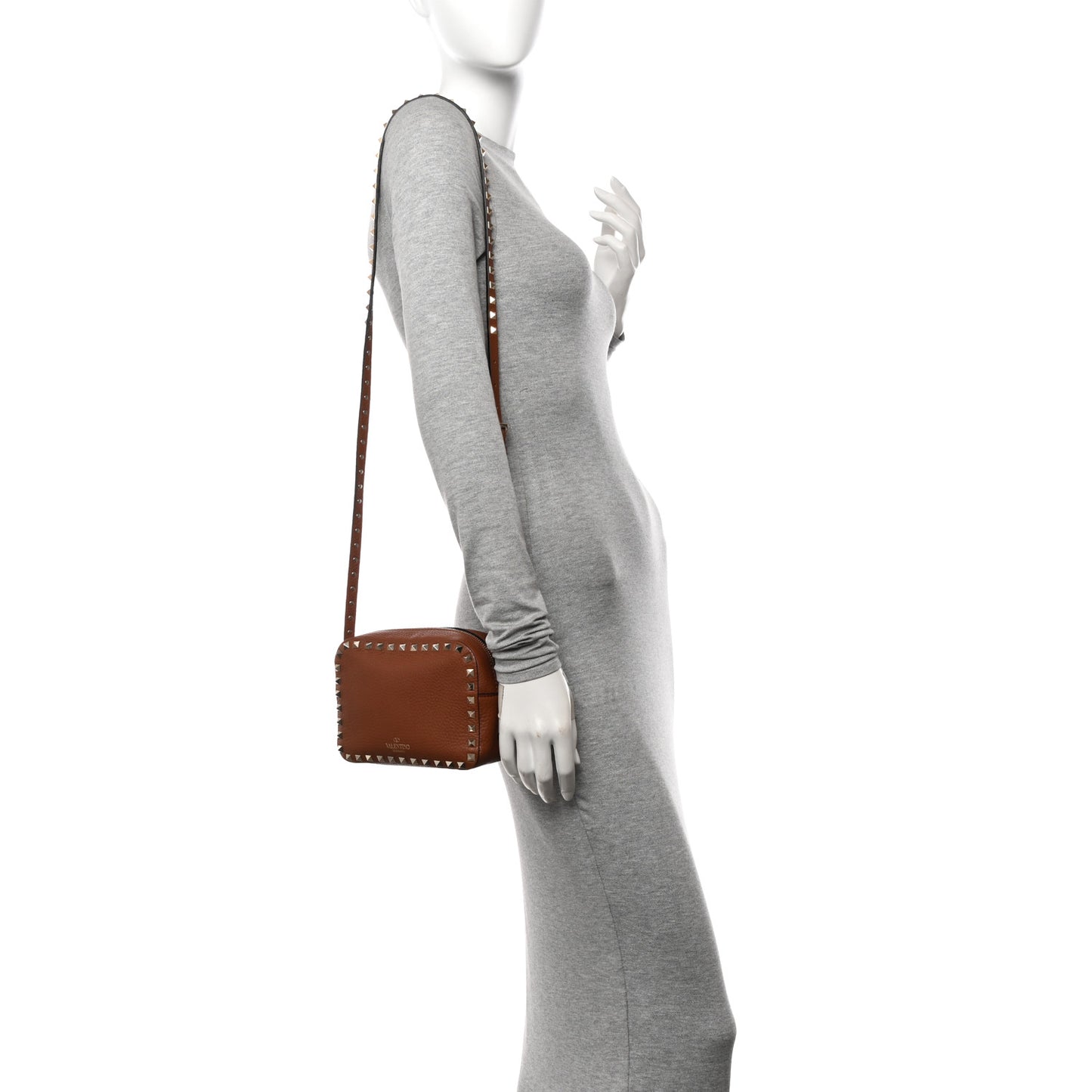 Pebbled Calfskin Rockstud Camera Crossbody Bag Tan