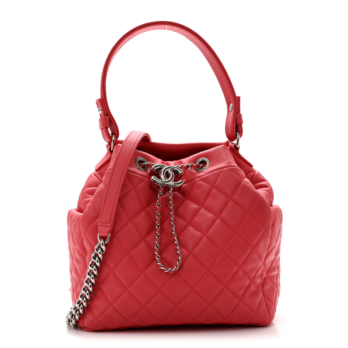 Lambskin Quilted Small CC Chain Drawstring Bucket Bag Pink