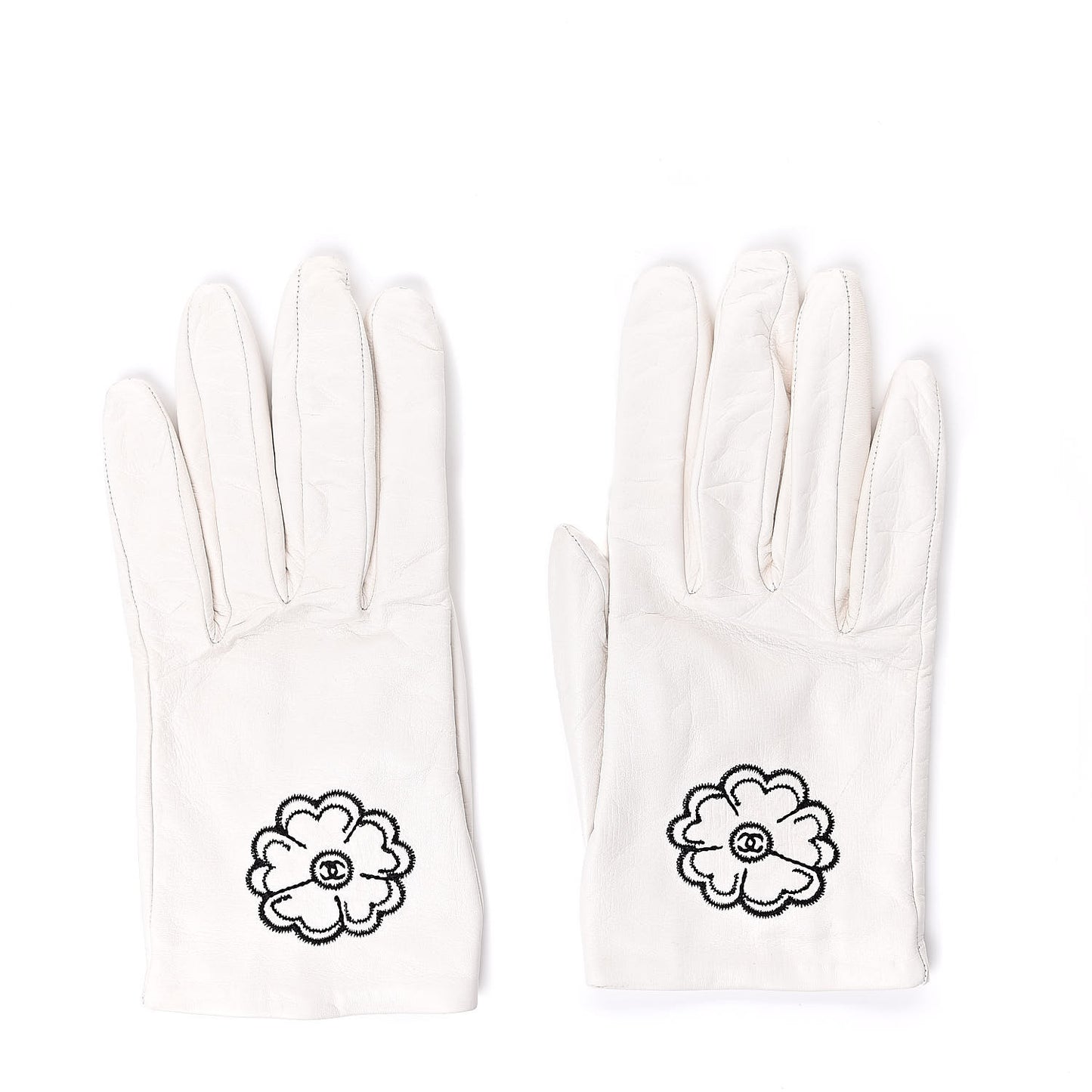 Lambskin Camellia Embroidered CC Gloves 7.5 White