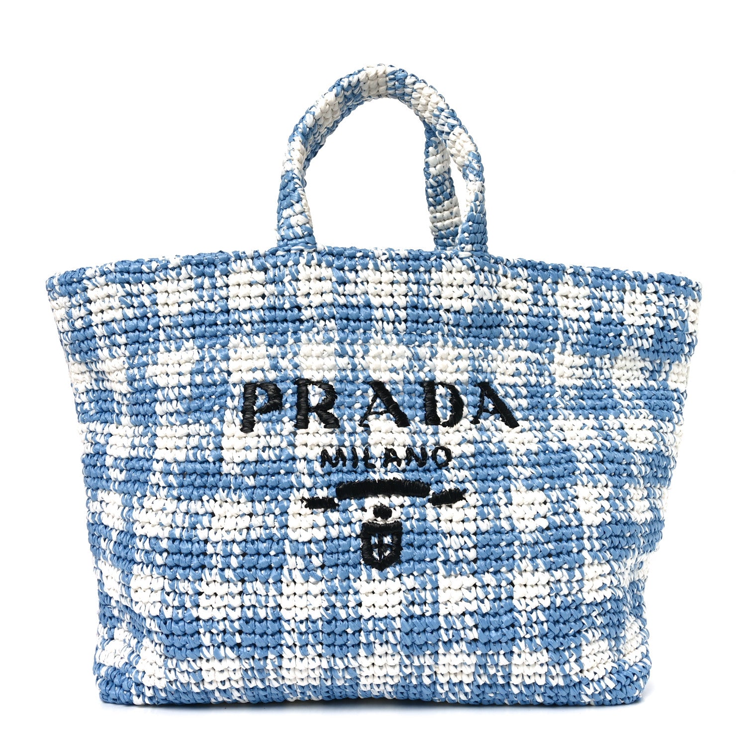Prada Yarn Raffia Effect Crochet Embroidered Large Logo Tote Celeste 1 of 9