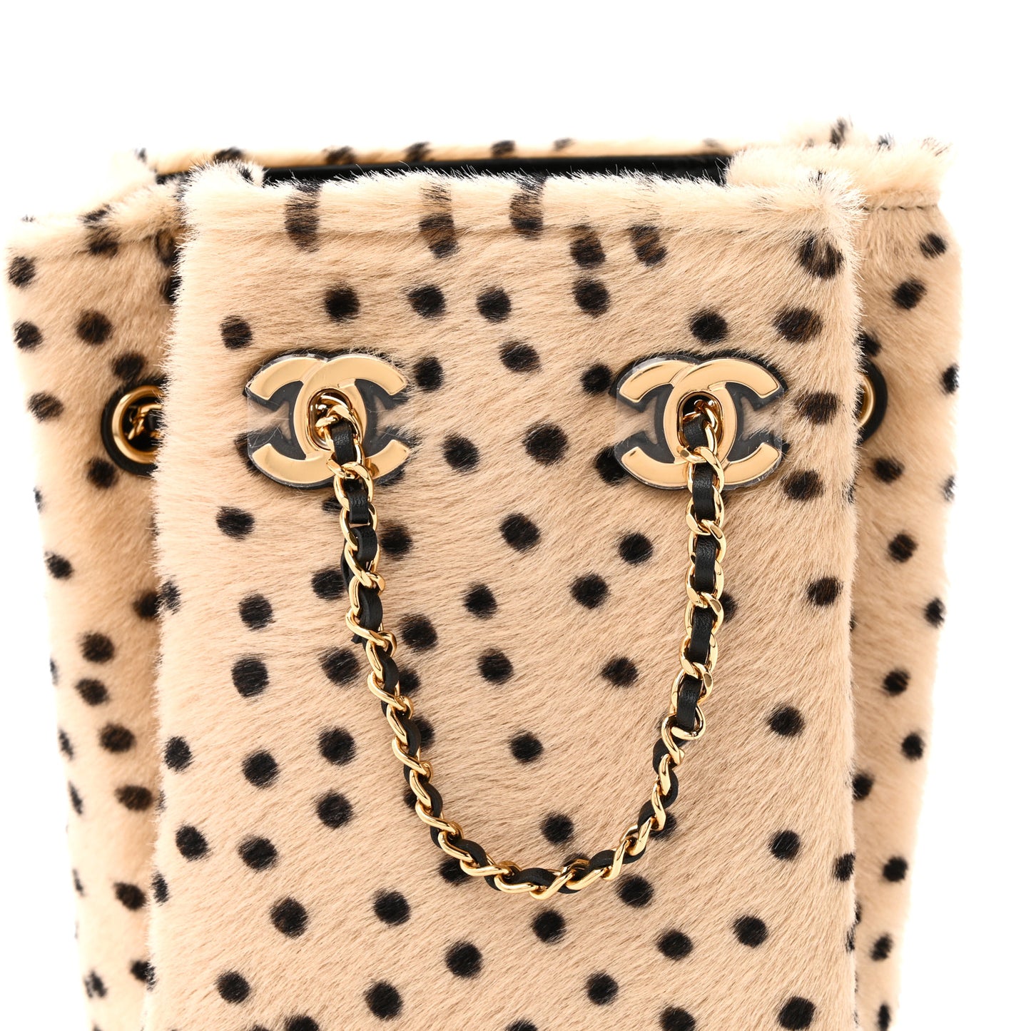 Pony Hair Cheetah Printed CC Chain Bucket Bag Light Beige Black