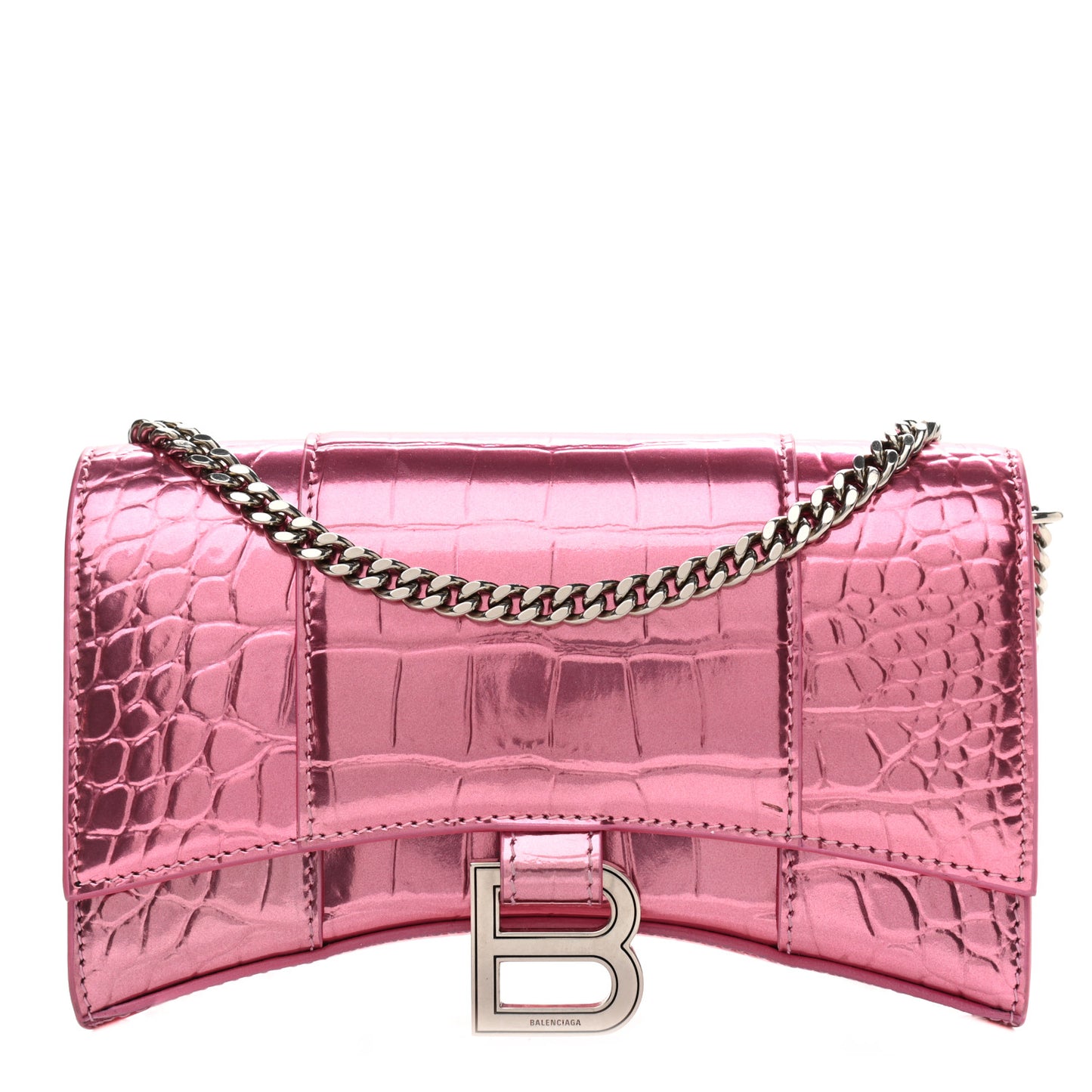 Metallic Shiny Calfskin Crocodile Embossed Hourglass Chain Bag Pink