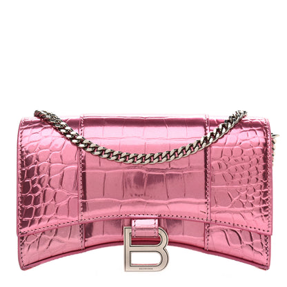 Balenciaga Metallic Shiny Calfskin Crocodile Embossed Hourglass Chain Bag Pink 1 of 10