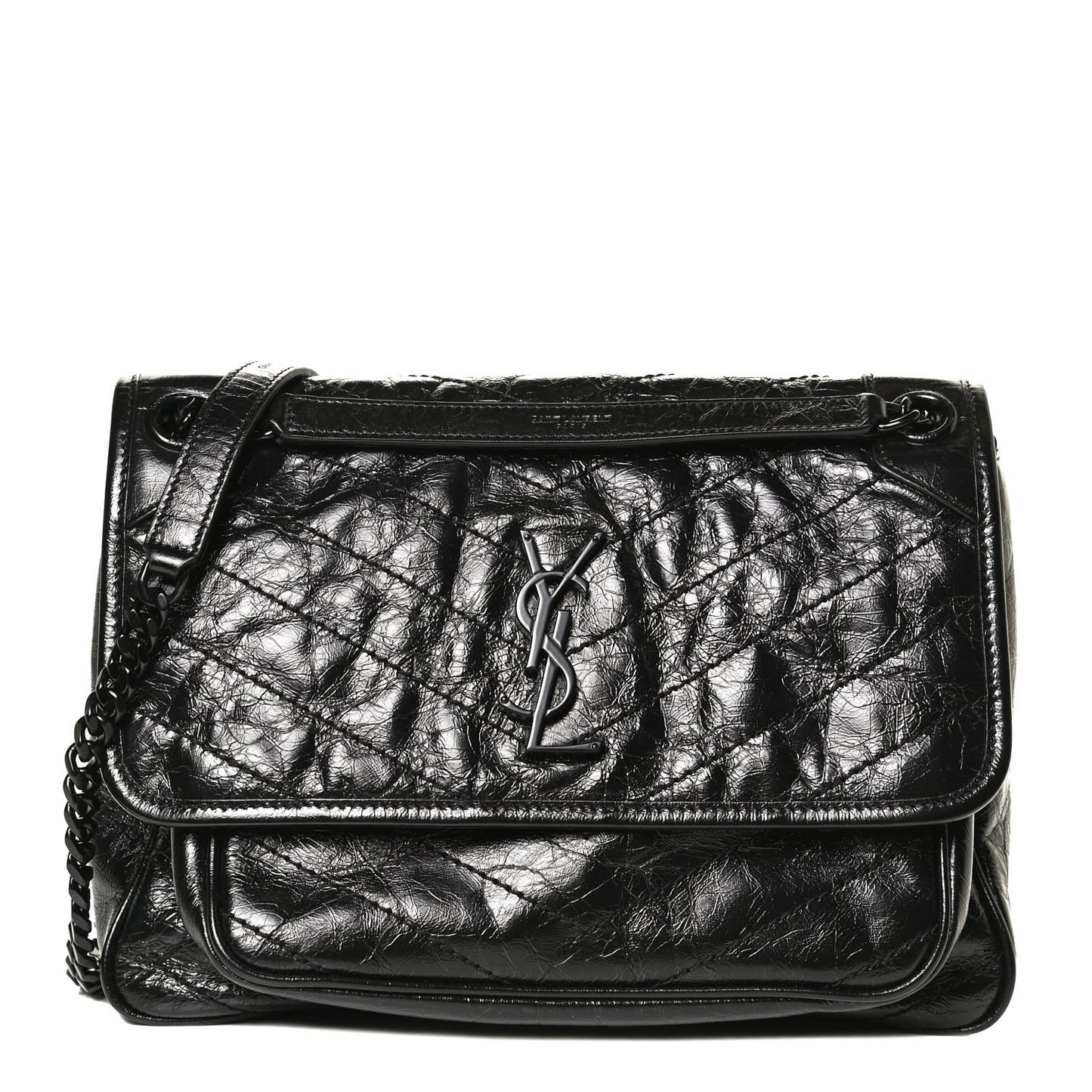 Crinkled Calfskin Matelasse Monogram Medium Niki Chain Satchel Black