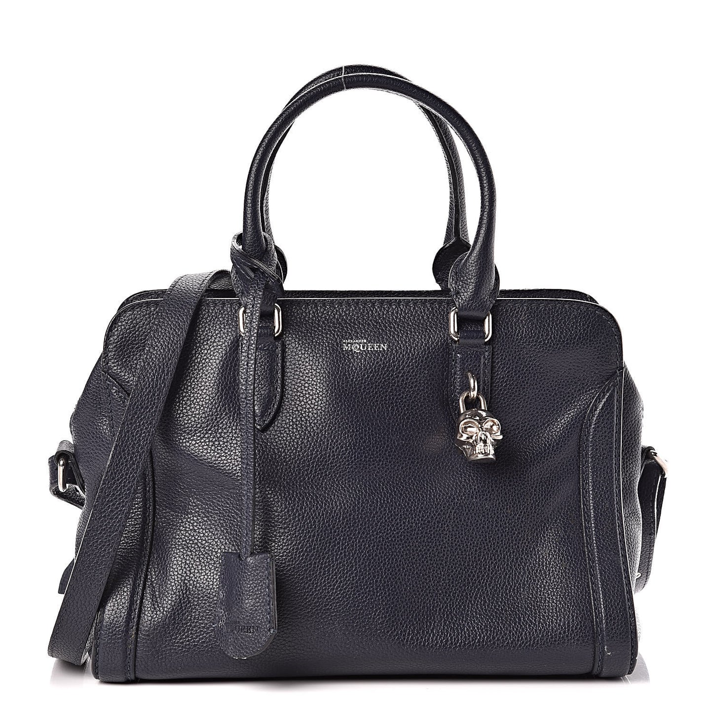 Pebbled Calfskin Small Skull Padlock Zip Around Tote Navy