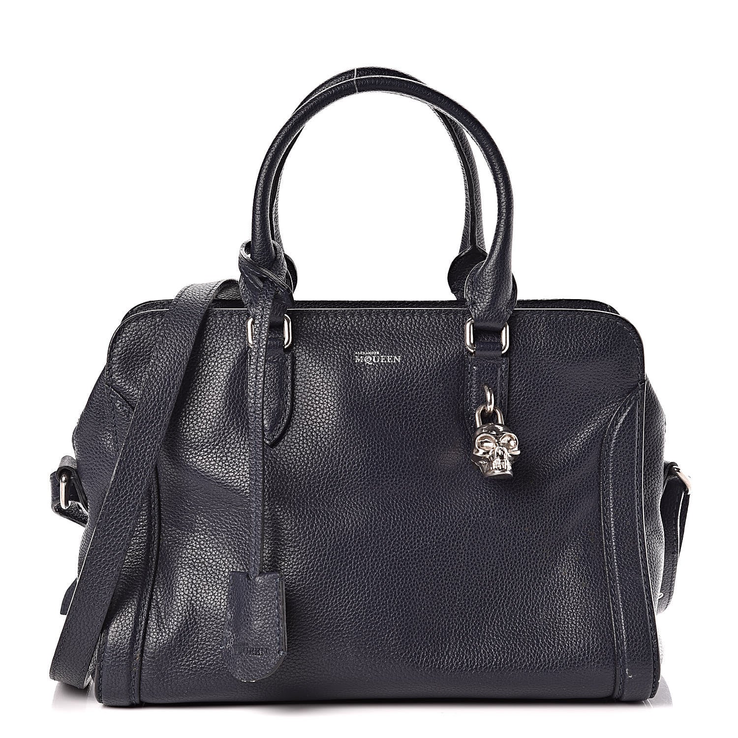Alexander McQueen Pebbled Calfskin Small Skull Padlock Zip Around Tote Navy 1 of 16