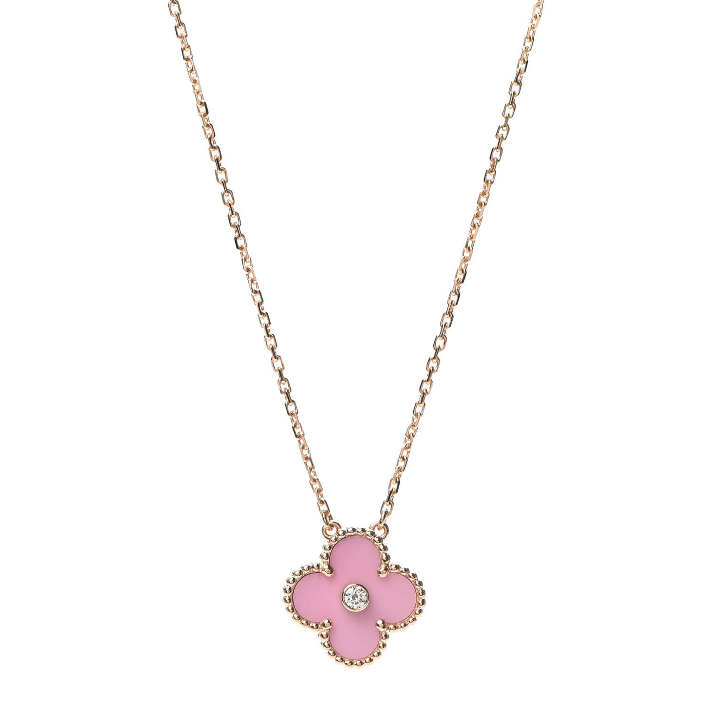 18K Rose Gold Diamond Pink Porcelain Vintage Alhambra Pendant Necklace
