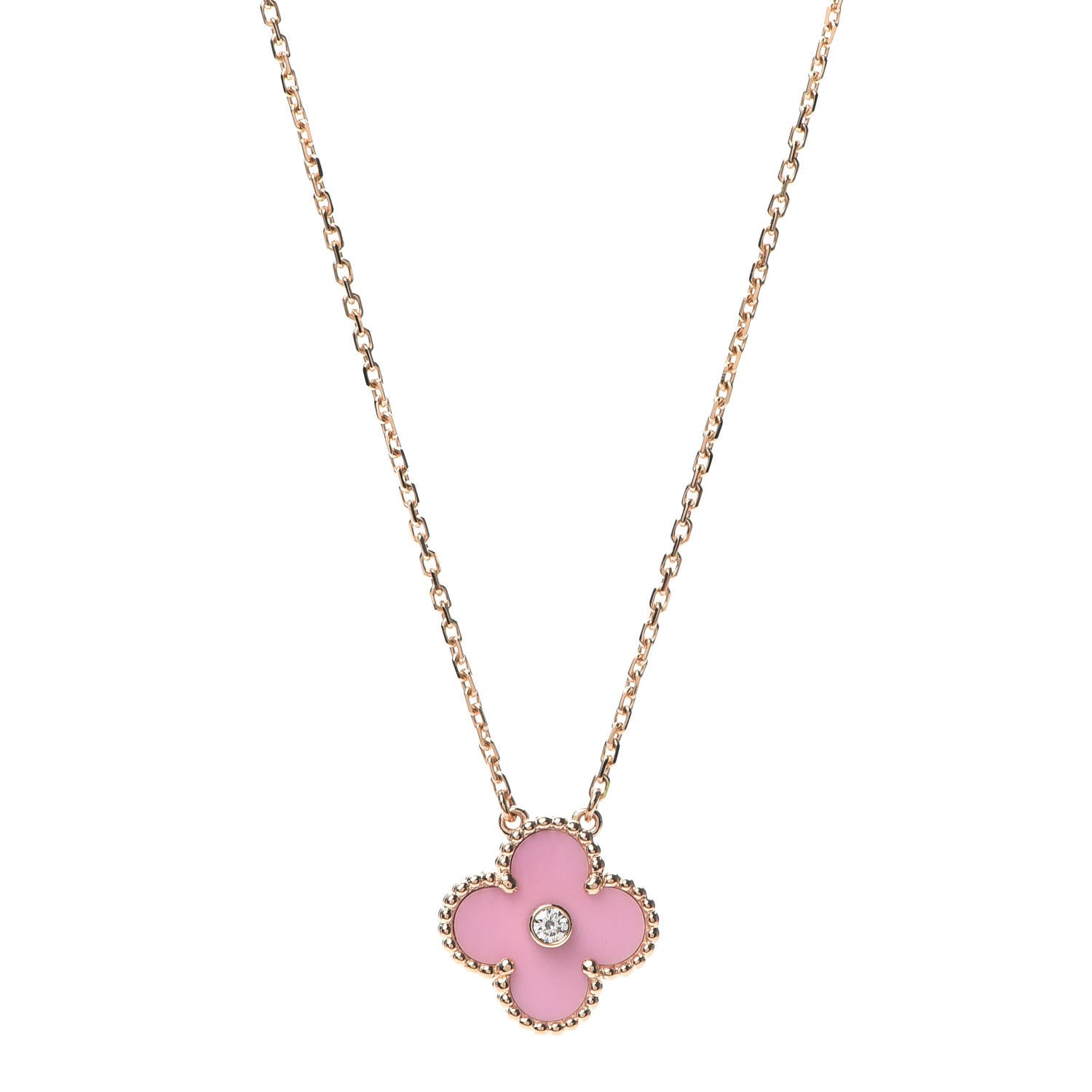 Van Cleef & Arpels 18K Rose Gold Diamond Pink Porcelain Vintage Alhambra Pendant Necklace 1 of 7