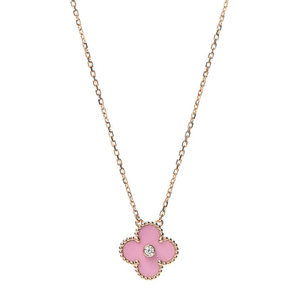Van Cleef & Arpels 18K Rose Gold Diamond Pink Porcelain Vintage Alhambra Pendant Necklace 1 of 7