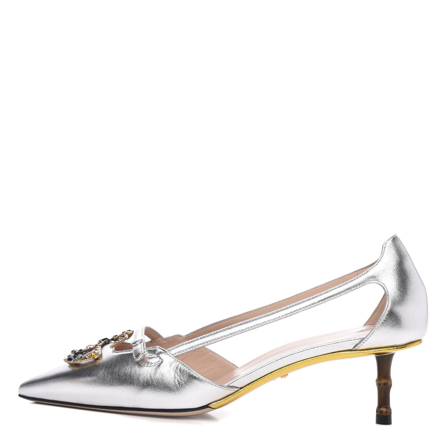 Metallic Nappa Bamboo Crystal Double G Low Heel Pumps 40 Argento