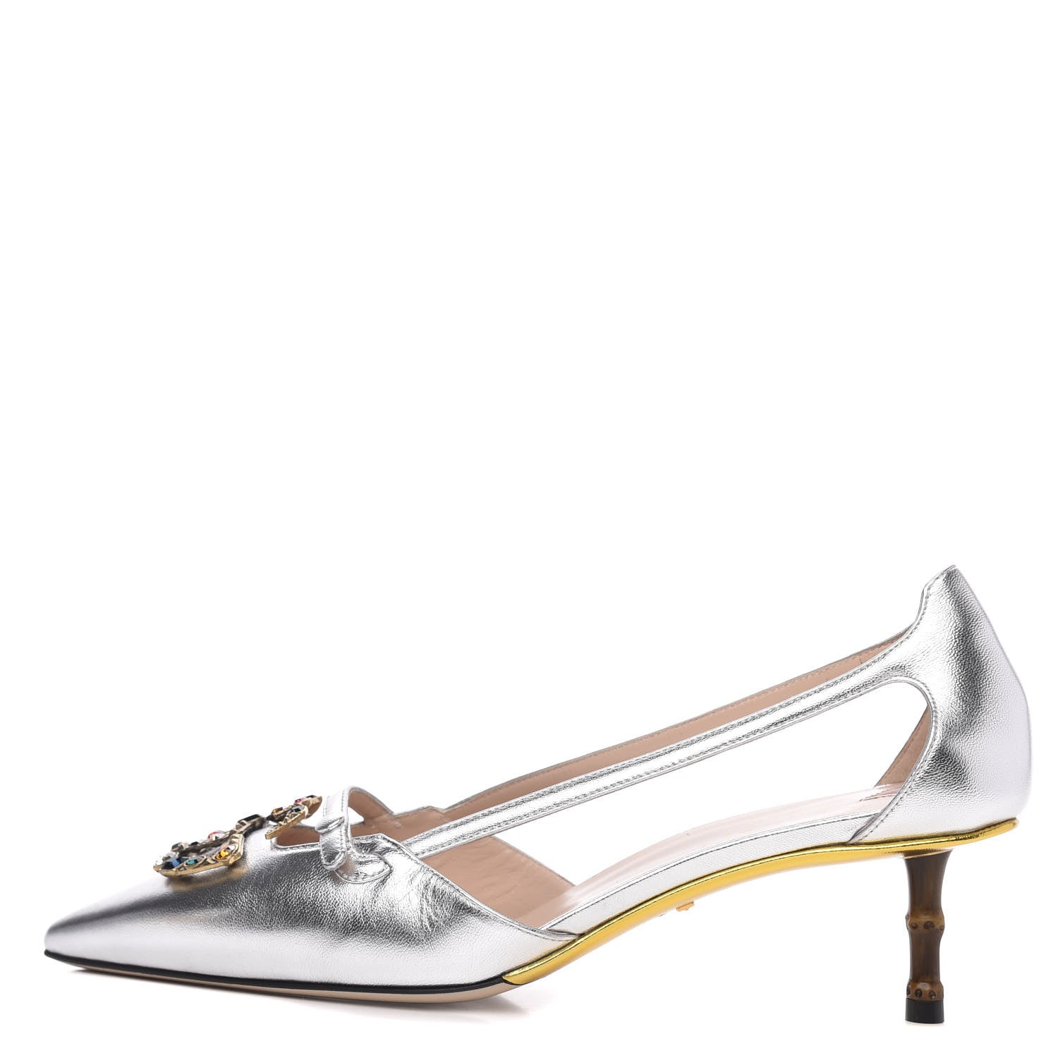 Gucci Metallic Nappa Bamboo Crystal Double G Low Heel Pumps 40 Argento 1 of 8