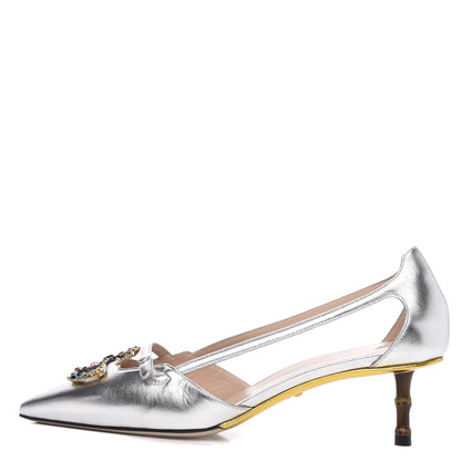 Gucci Metallic Nappa Bamboo Crystal Double G Low Heel Pumps 40 Argento 1 of 8