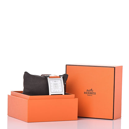 Hermes Stainless Steel Alligator Diamond Mother of Pearl 26mm Heure H Hour Quartz Watch Orange 8 of 8