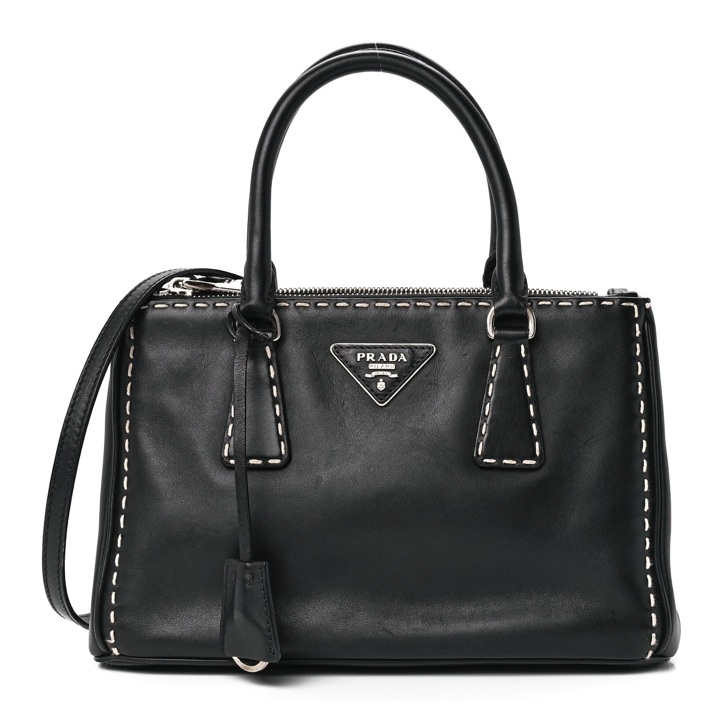 City Calf Mini Hand Stitched Galleria Double Zip Tote Black
