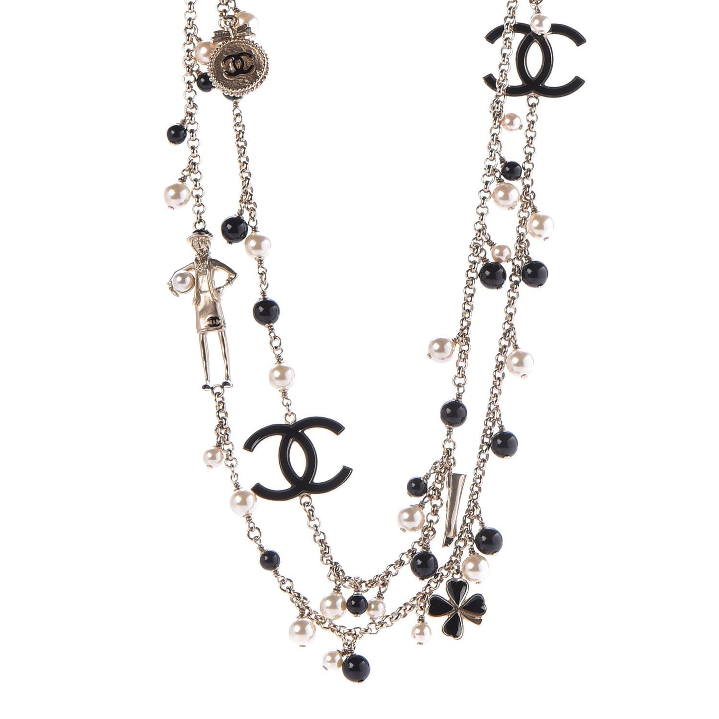 Pearl Beaded Enamel CC Coco Long Necklace Black Gold