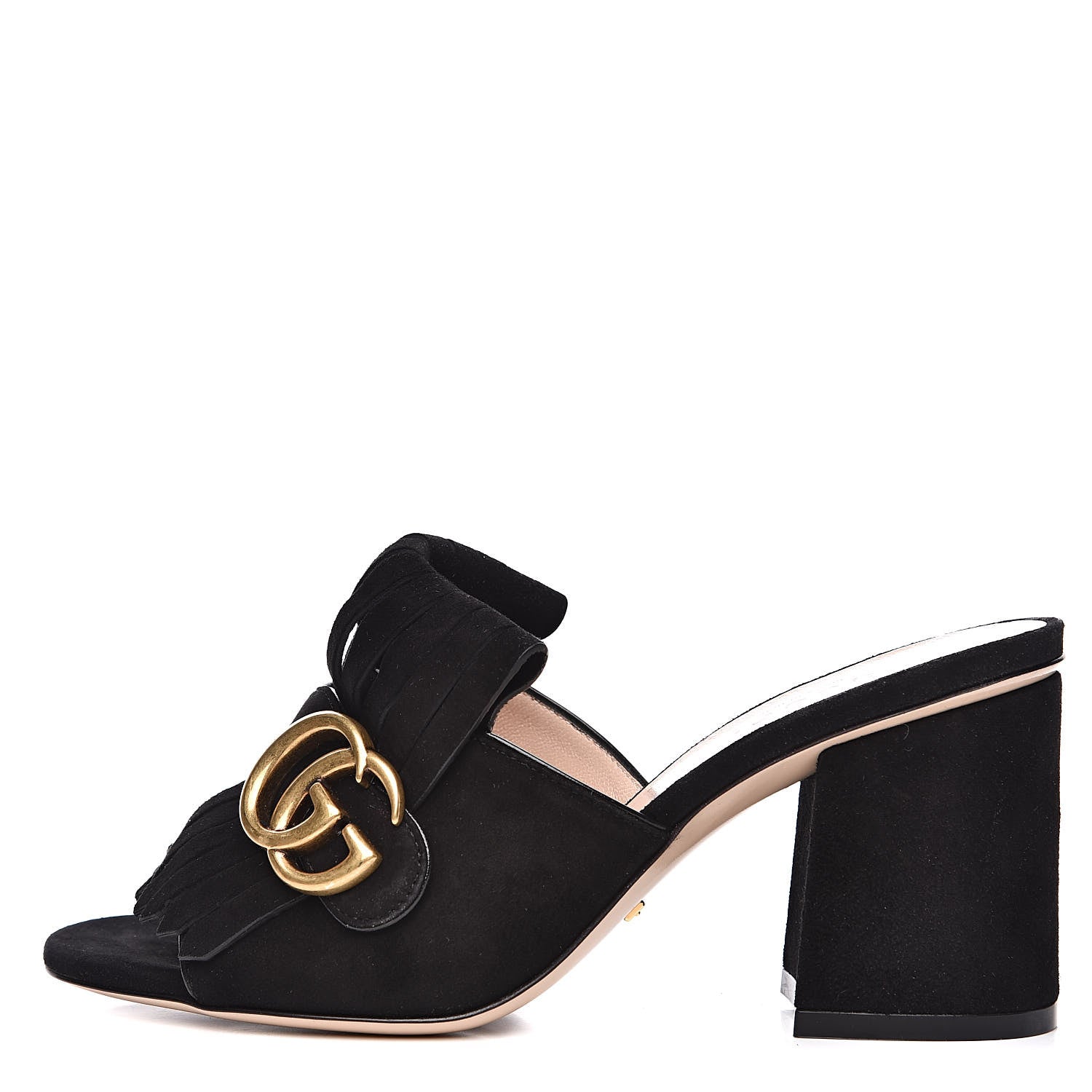 Gucci Kid Scamosciato GG Marmont Fringe 75mm Slide Sandals 35 Black 1 of 8
