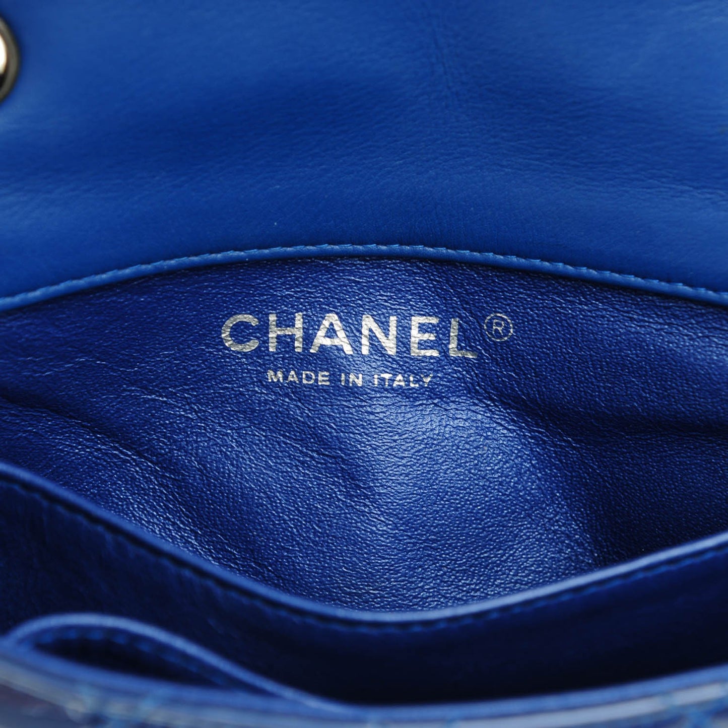 Patent Calfskin Quilted Mini Rectangular Flap Blue