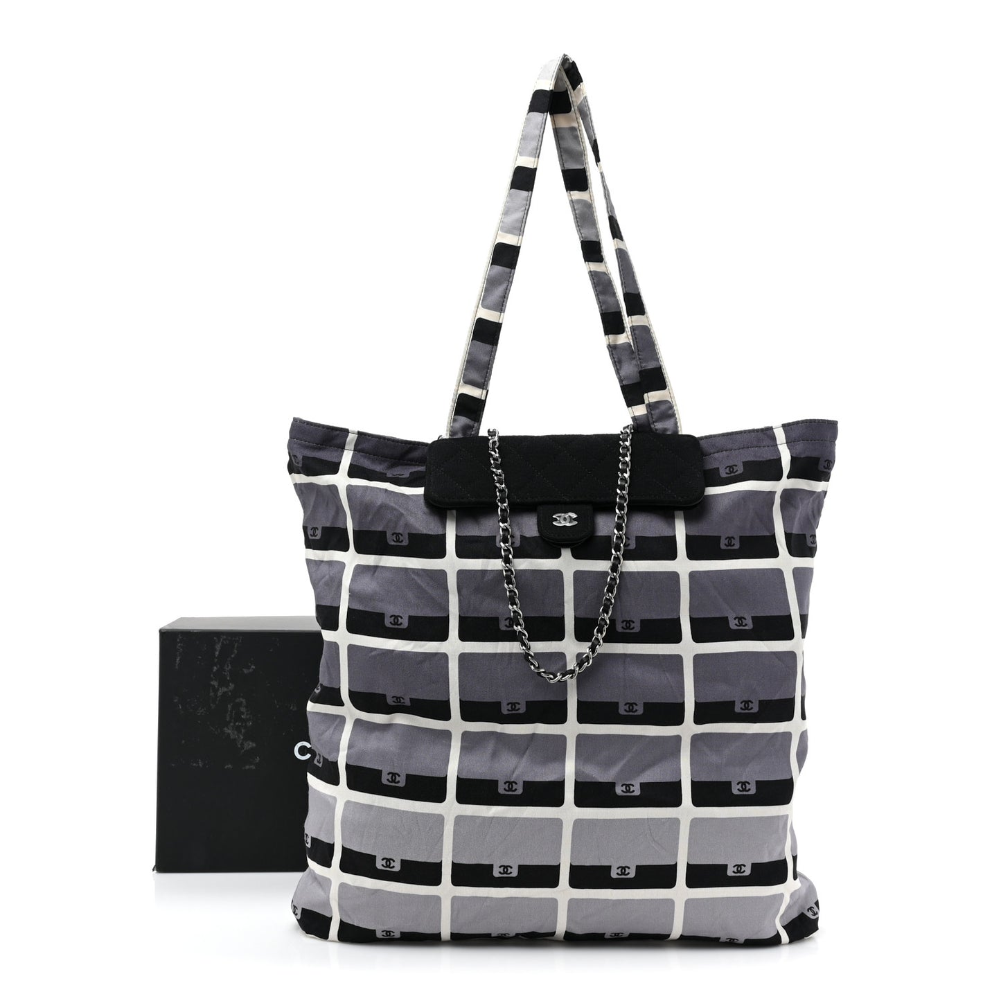 Jersey Fabric Quilted Foldable Tote With Chain Black Multicolor