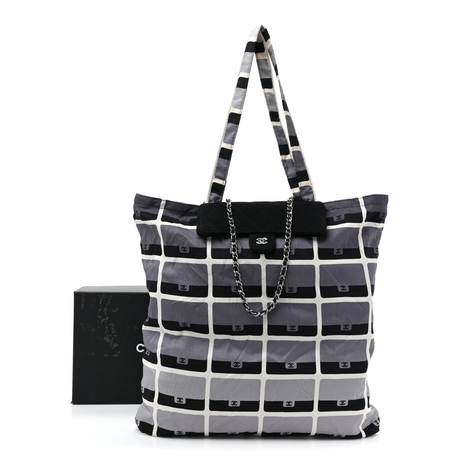 Chanel Jersey Fabric Quilted Foldable Tote With Chain Black Multicolor 15 of 15