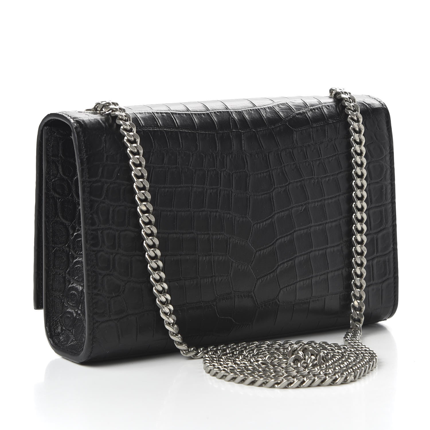 Saint Laurent Calfskin Crocodile Embossed Small Classic Monogram Kate Tassel Satchel Black 3 of 9