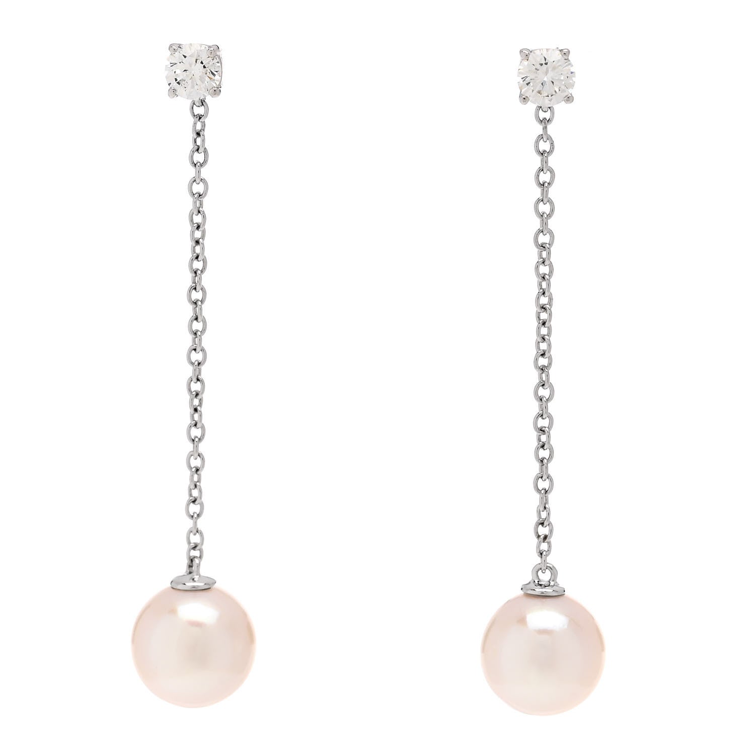 Tiffany 18K White Gold Diamond Akoya Pearl Drop Earrings 1 of 5
