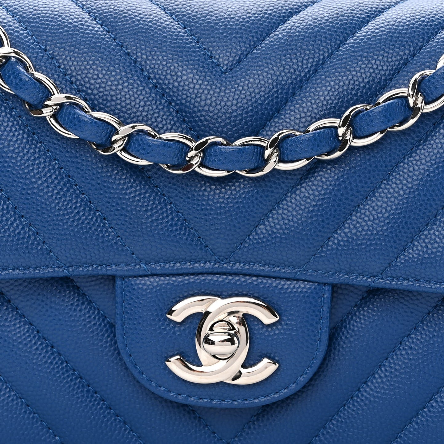 Caviar Chevron Quilted Mini Rectangular Flap Blue