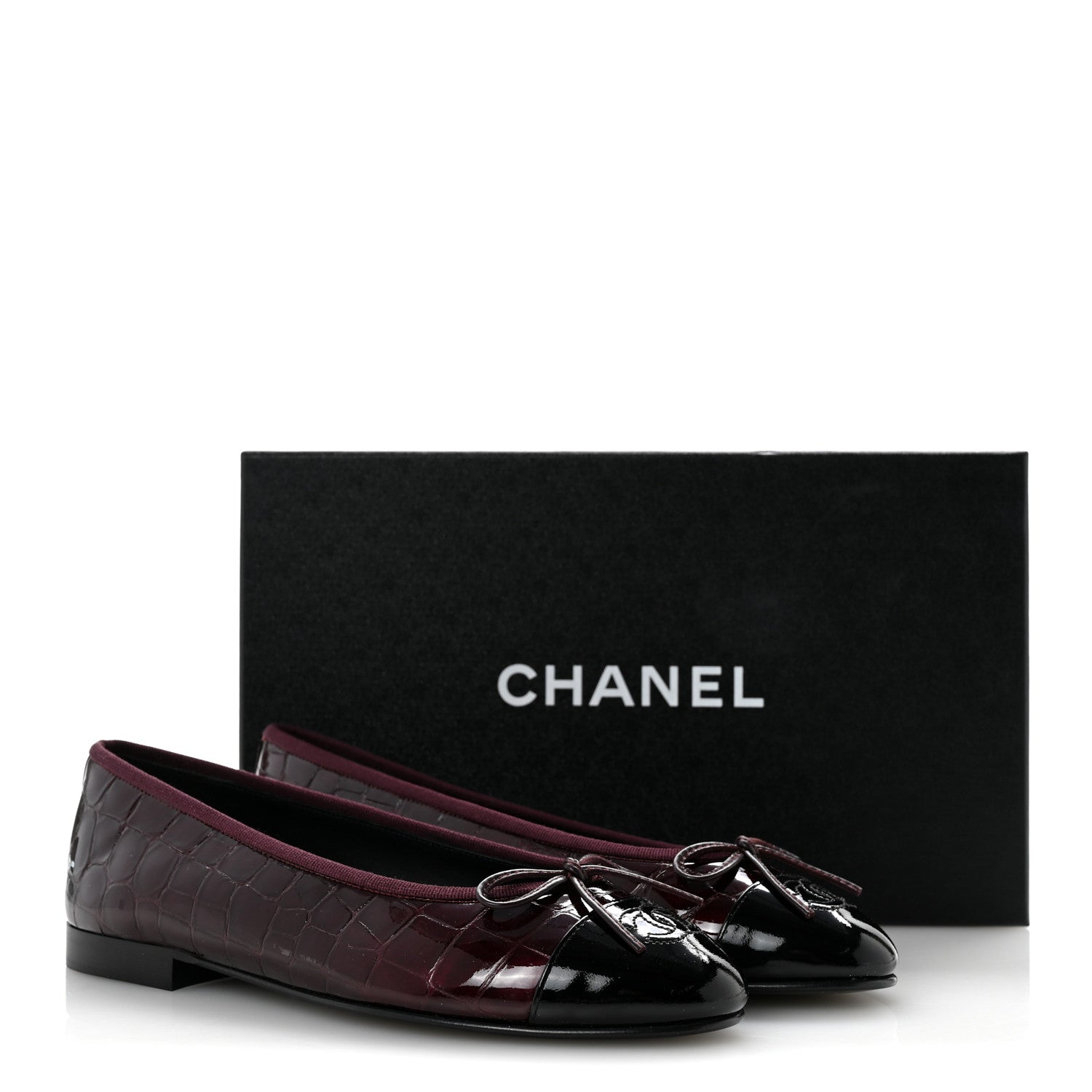 Chanel Crocodile Embossed Patent Calfskin Cap Toe CC Ballerina Flats 37.5 Dark Burgundy Black 10 of 10