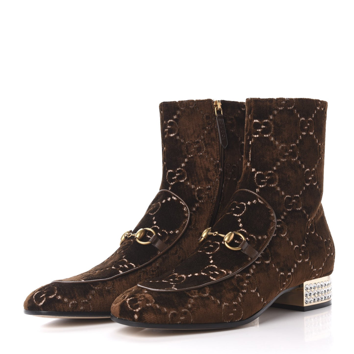 Velvet GG Monogram Crystal Horsebit Ankle Boots 42 Brown Vintage Cocoa