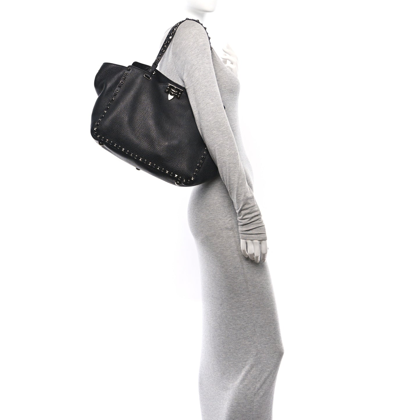 Grained Calfskin Onyx Medium Rockstud Rolling Tote Black