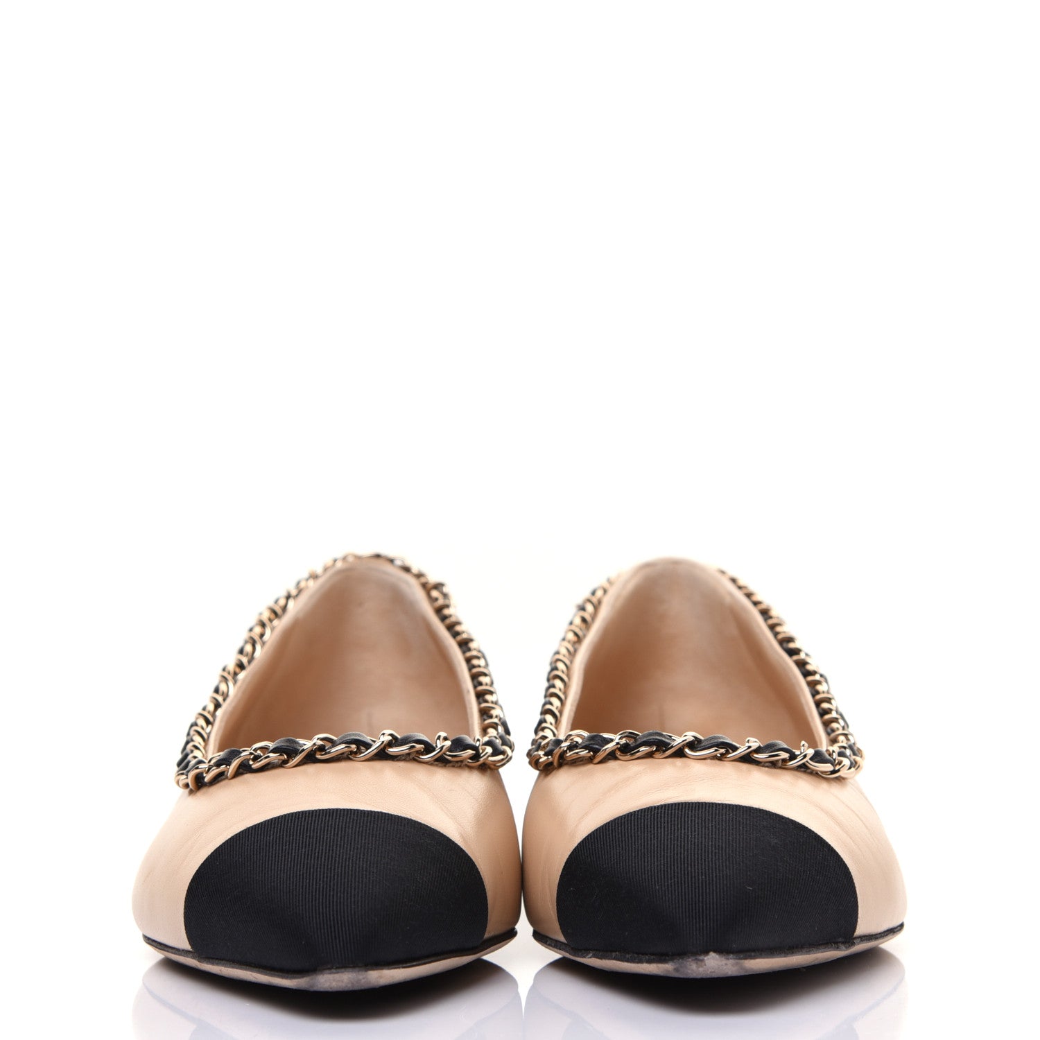 Chanel Lambskin Grosgrain Chain Cap Toe Flats 36 Beige Black 2 of 15