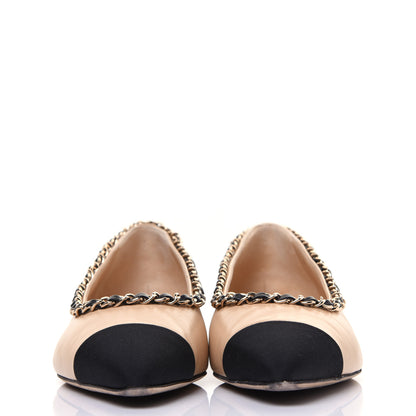 Chanel Lambskin Grosgrain Chain Cap Toe Flats 36 Beige Black 2 of 15