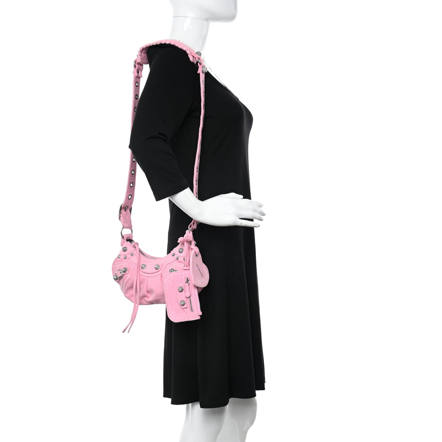 Washed Frayed Denim Crystal Le Cagole Shoulder Bag XS Denim Pink