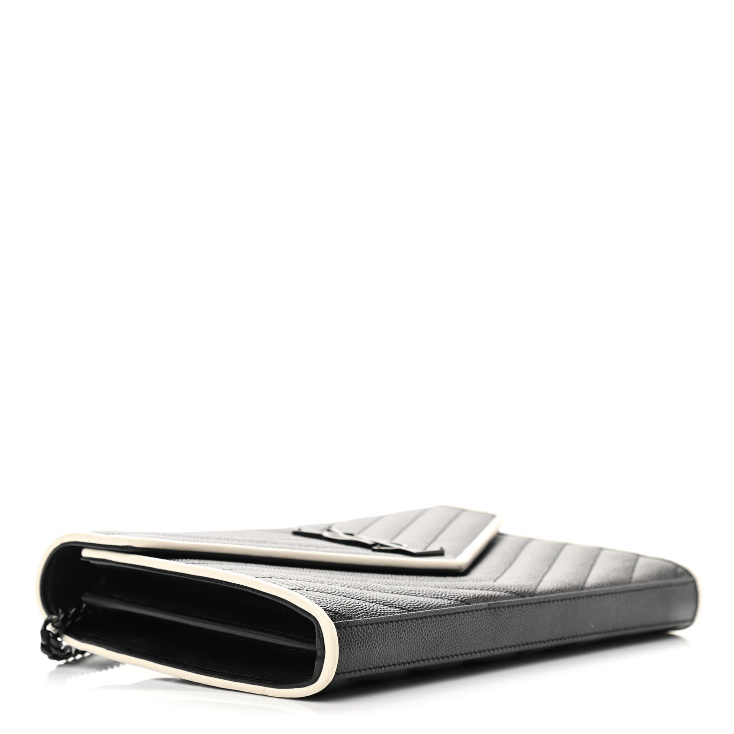 Saint Laurent Grain De Poudre Matelasse Chevron Monogram Chain Wallet Black White 4 of 13