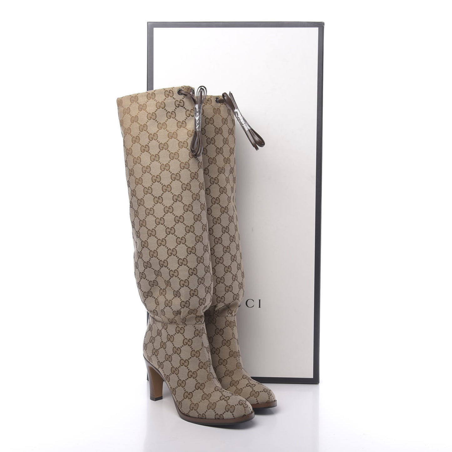 Monogram Malaga Kid Lisa Mid Heel Boots 36 Beige Ebony