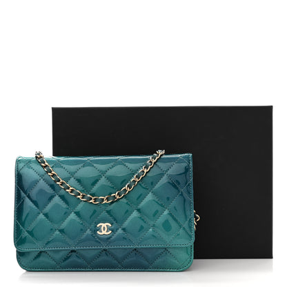 Chanel Shaded Patent Calfskin Quilted Wallet On Chain WOC Green Blue 12 of 12
