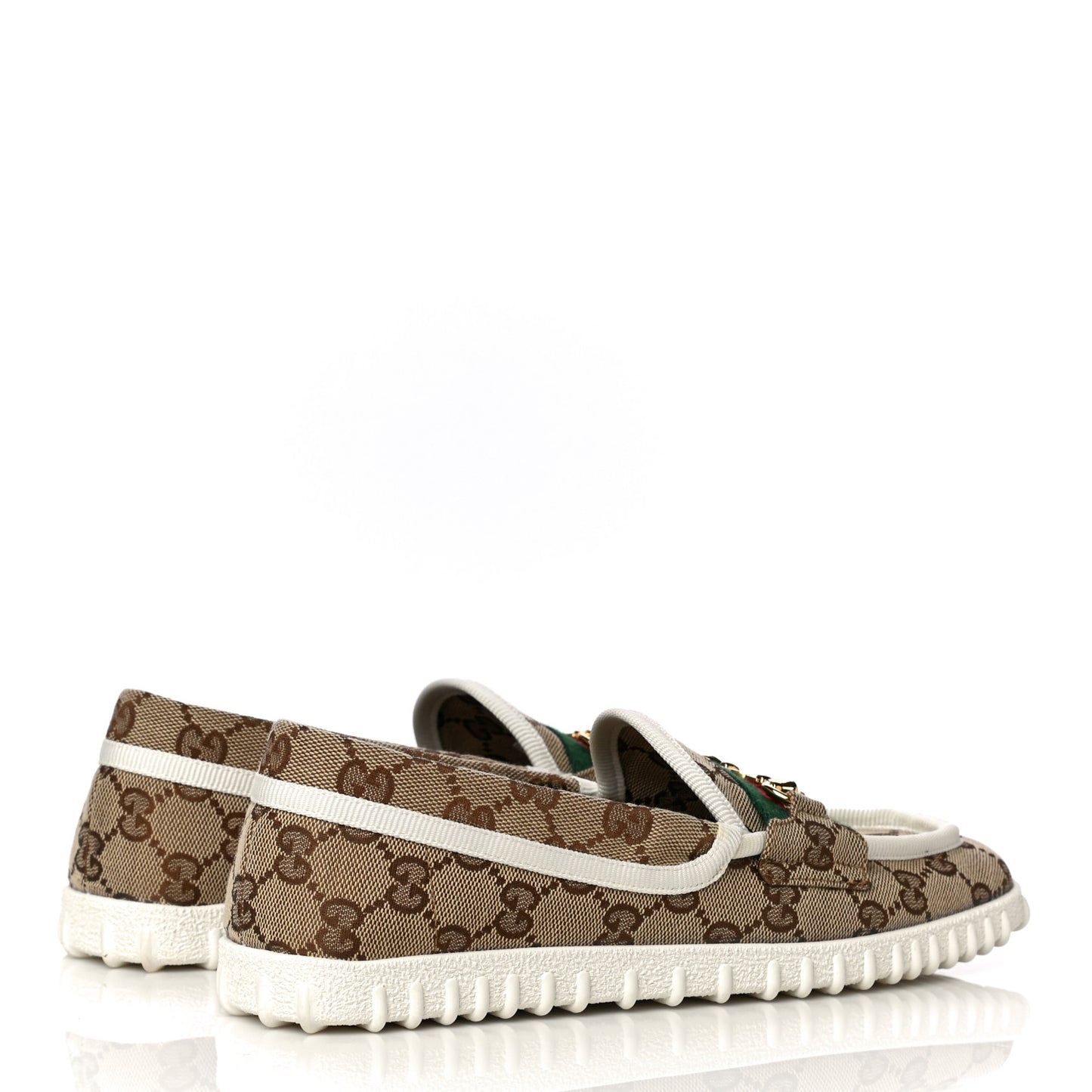 GG Monogram Horsebit Web Womens Driver Loafers 37 Beige Ebony White