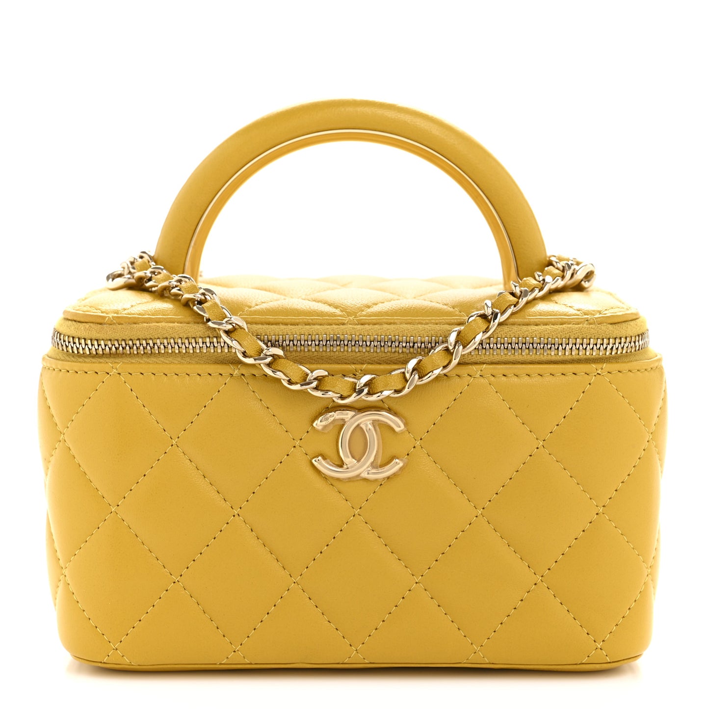 Lambskin Quilted Small Charming Top Handle Vanity Case With Chain Yellow