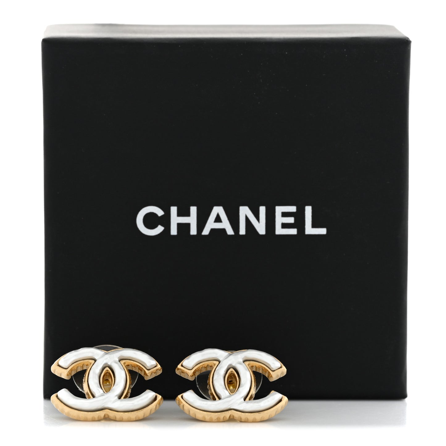 Metal Enamel CC Earrings Gold White