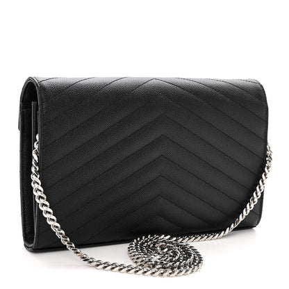 Saint Laurent Grain De Poudre Matelasse Chevron Monogram Chain Wallet Black 3 of 9