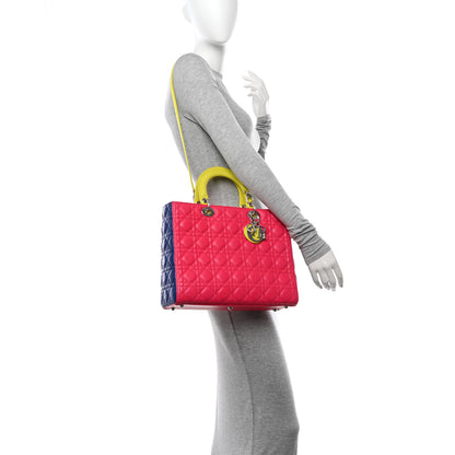 Christian Dior Lambskin Cannage Large Tri-Color Lady Dior Pink Blue Yellow 2 of 10