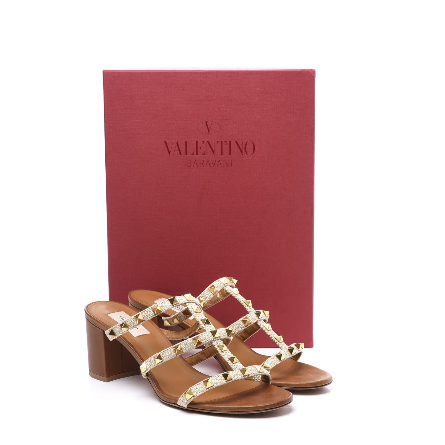 Raffia Calfskin Rockstud 60mm Caged Slide Sandals 40 Naturale