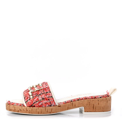 Chanel Tweed Cork Mule Sandal 35 Coral Red Pink 1 of 8