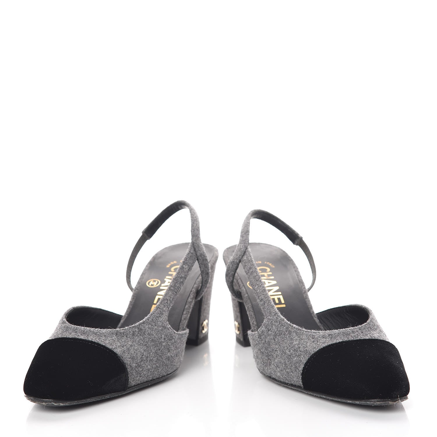 Chanel Wool Velvet Cap Toe CC Slingback Pumps 35.5 Black Grey 6 of 9