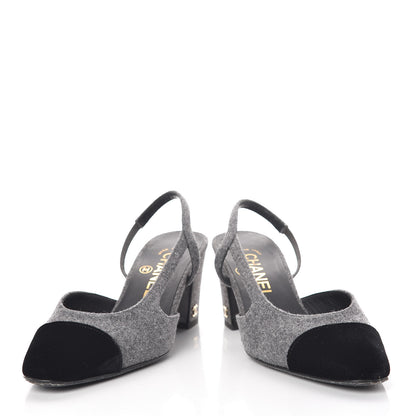 Chanel Wool Velvet Cap Toe CC Slingback Pumps 35.5 Black Grey 6 of 9