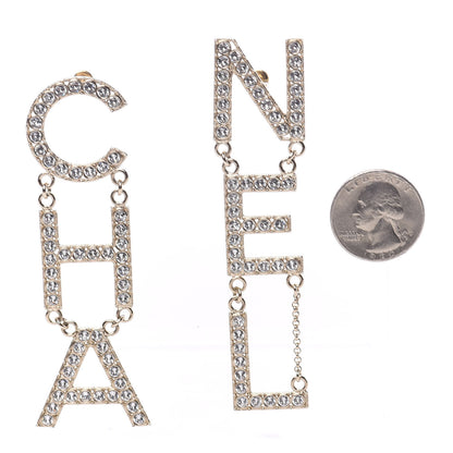 Chanel Crystal Cha-Nel Logo Drop Earrings Gold 2 of 5