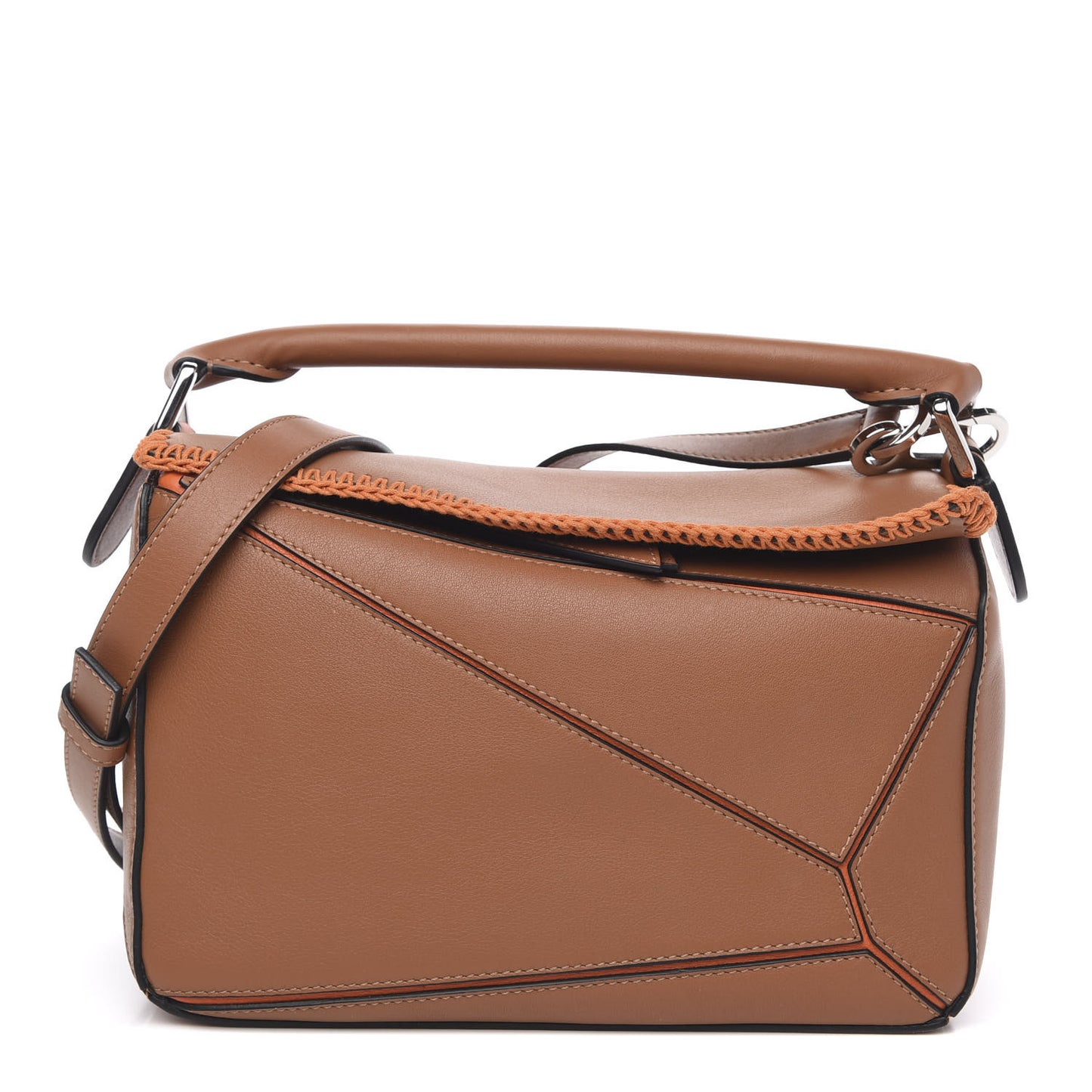 Calfskin Paula's Ibiza Whipstitch Small Puzzle Bag Tan Orange