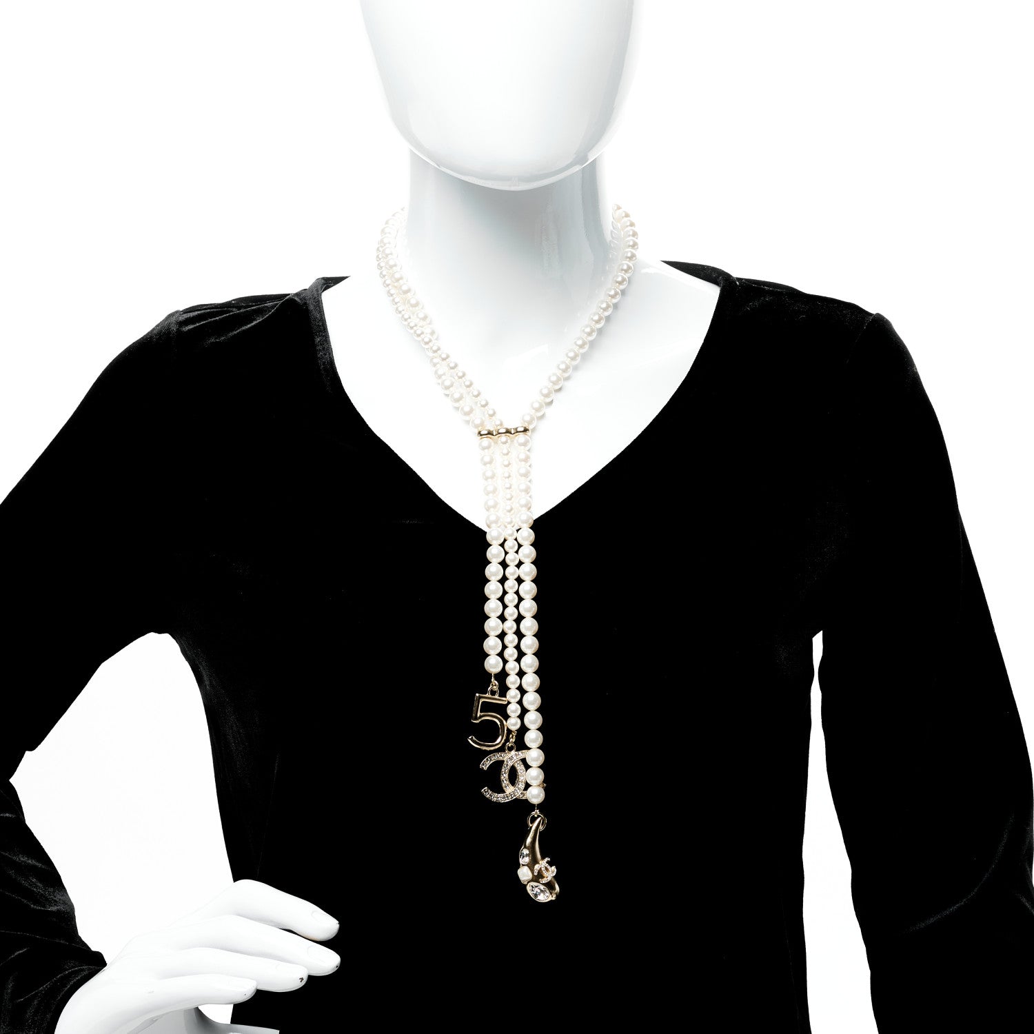 Chanel Pearl Beaded CC Charm Drop Multi Strand Lariat Necklace Pearly White Gold 3 of 5
