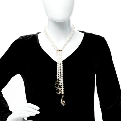 Chanel Pearl Beaded CC Charm Drop Multi Strand Lariat Necklace Pearly White Gold 3 of 5
